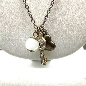 Vintage Silver Tone Charms Necklace, Chain with Tiny Abstract Heart, Pave Heart
